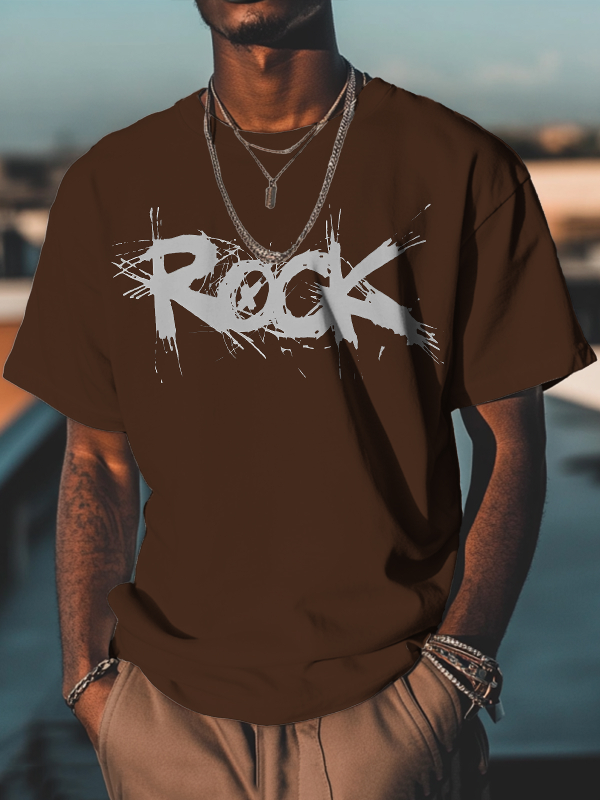 Men's Rock Print Cotton Casual T-Shirt-Styleame