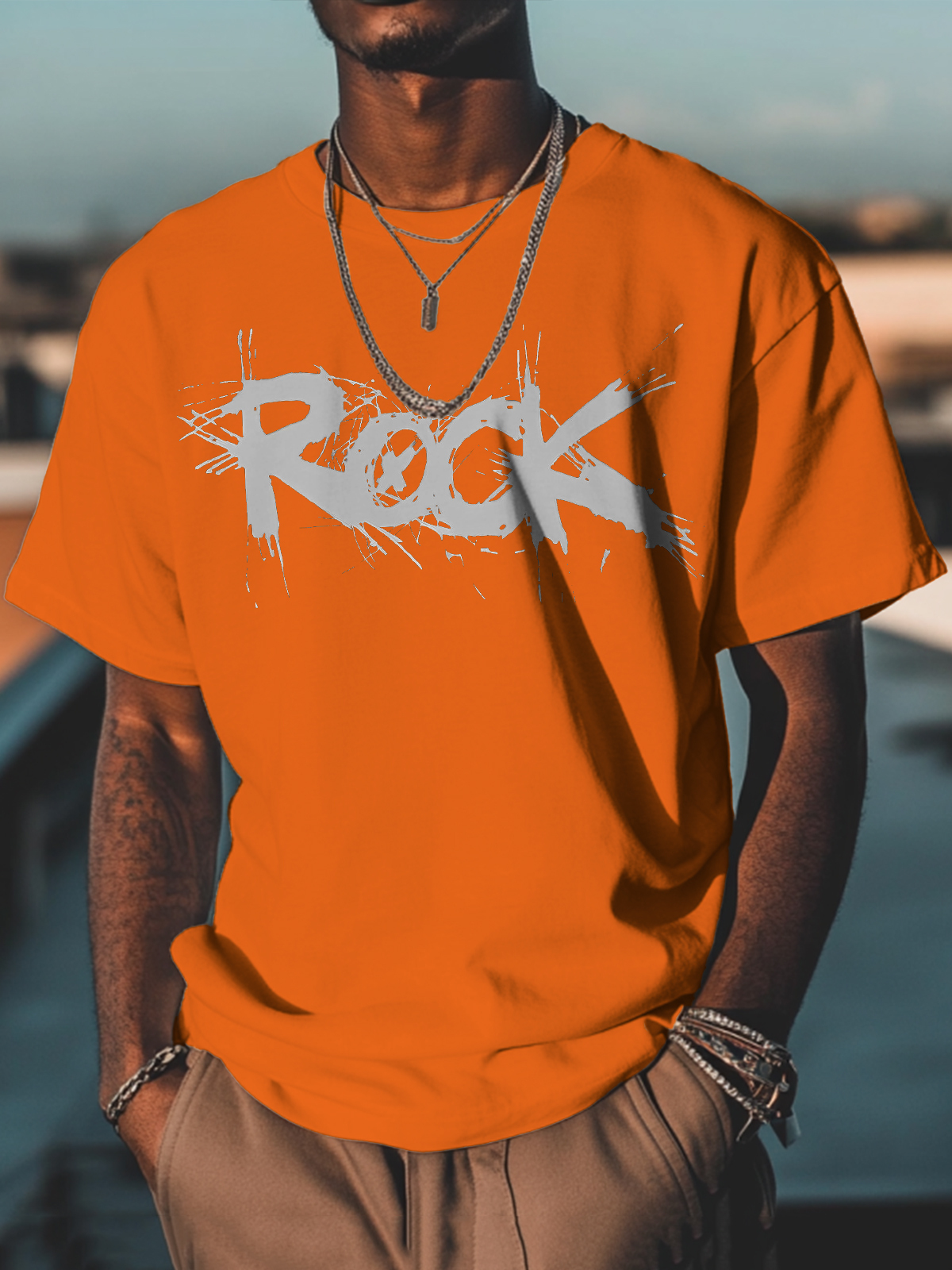 Men's Rock Print Cotton Casual T-Shirt-Styleame
