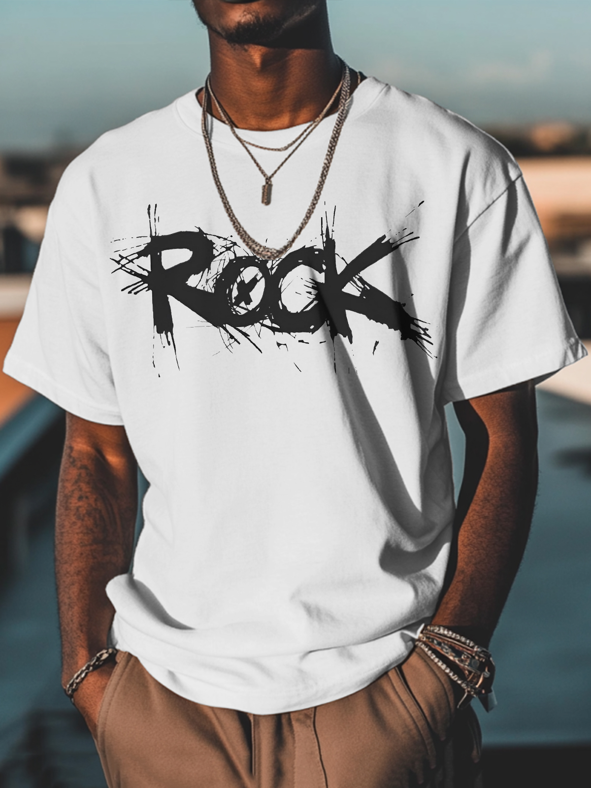 Men's Rock Print Cotton Casual T-Shirt-Styleame