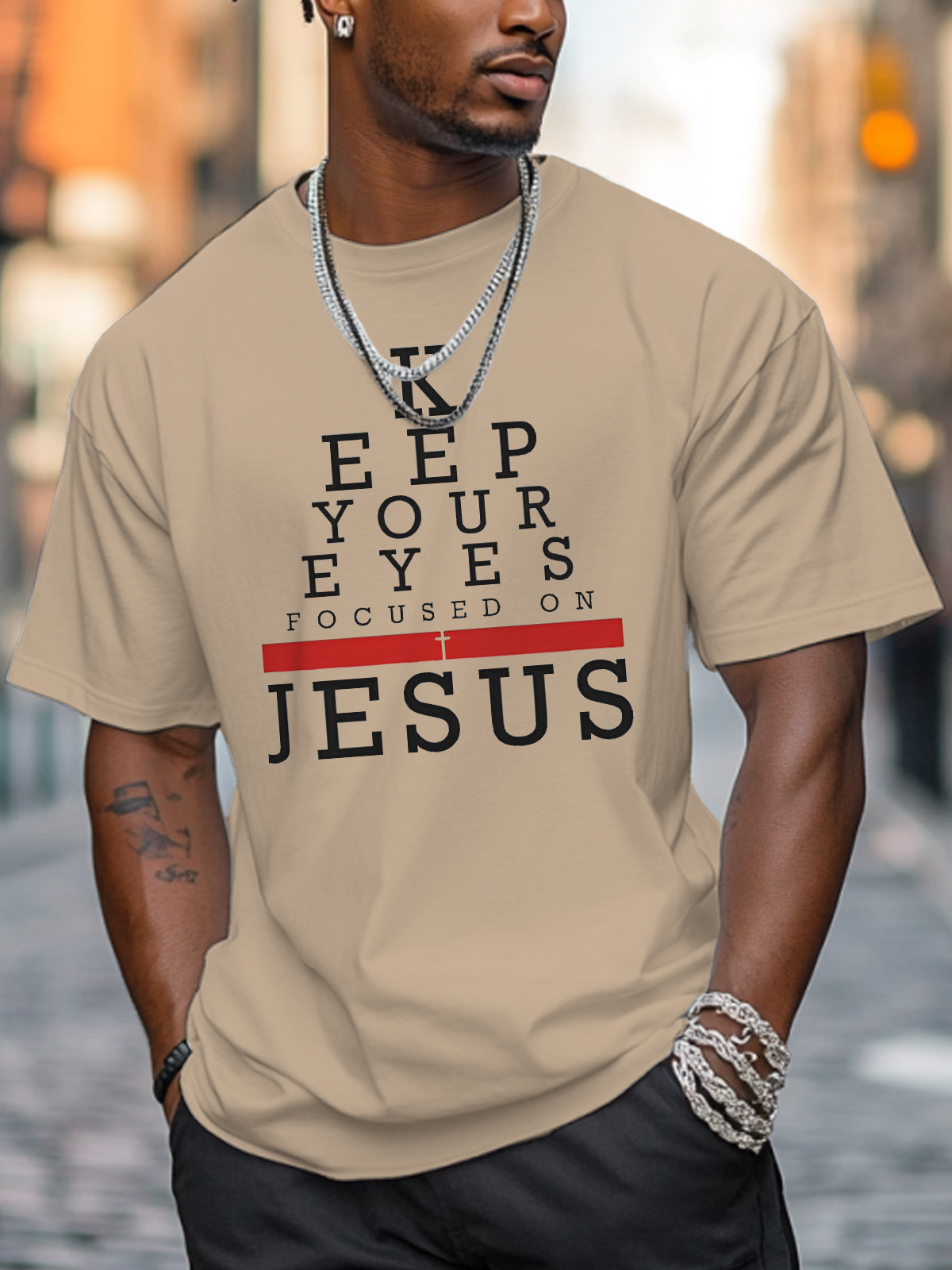 Men's Keep Your Eyes Focused On Jesus Print Cotton Casual T-Shirt-Styleame