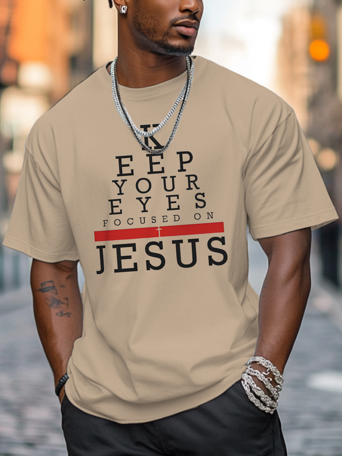 Men's Keep Your Eyes Focused On Jesus Print Cotton Casual T-Shirt-Styleame