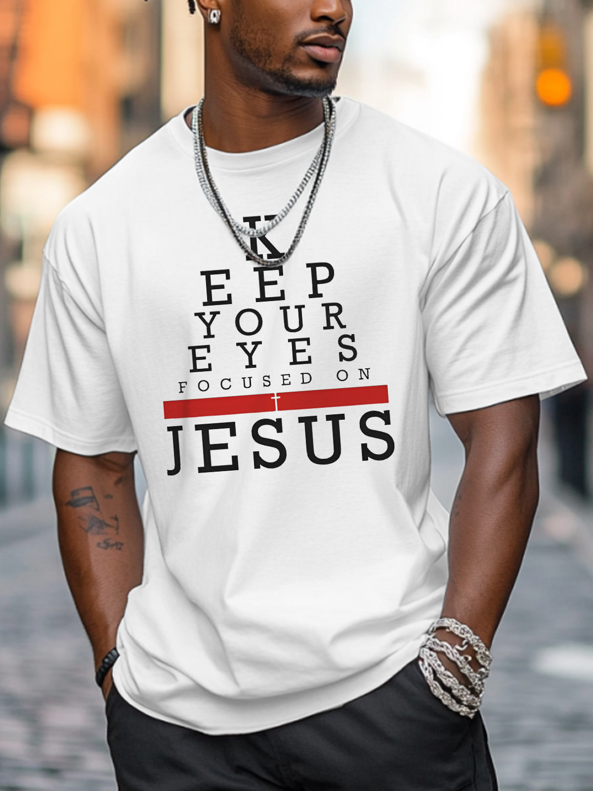 Men's Keep Your Eyes Focused On Jesus Print Cotton Casual T-Shirt-Styleame