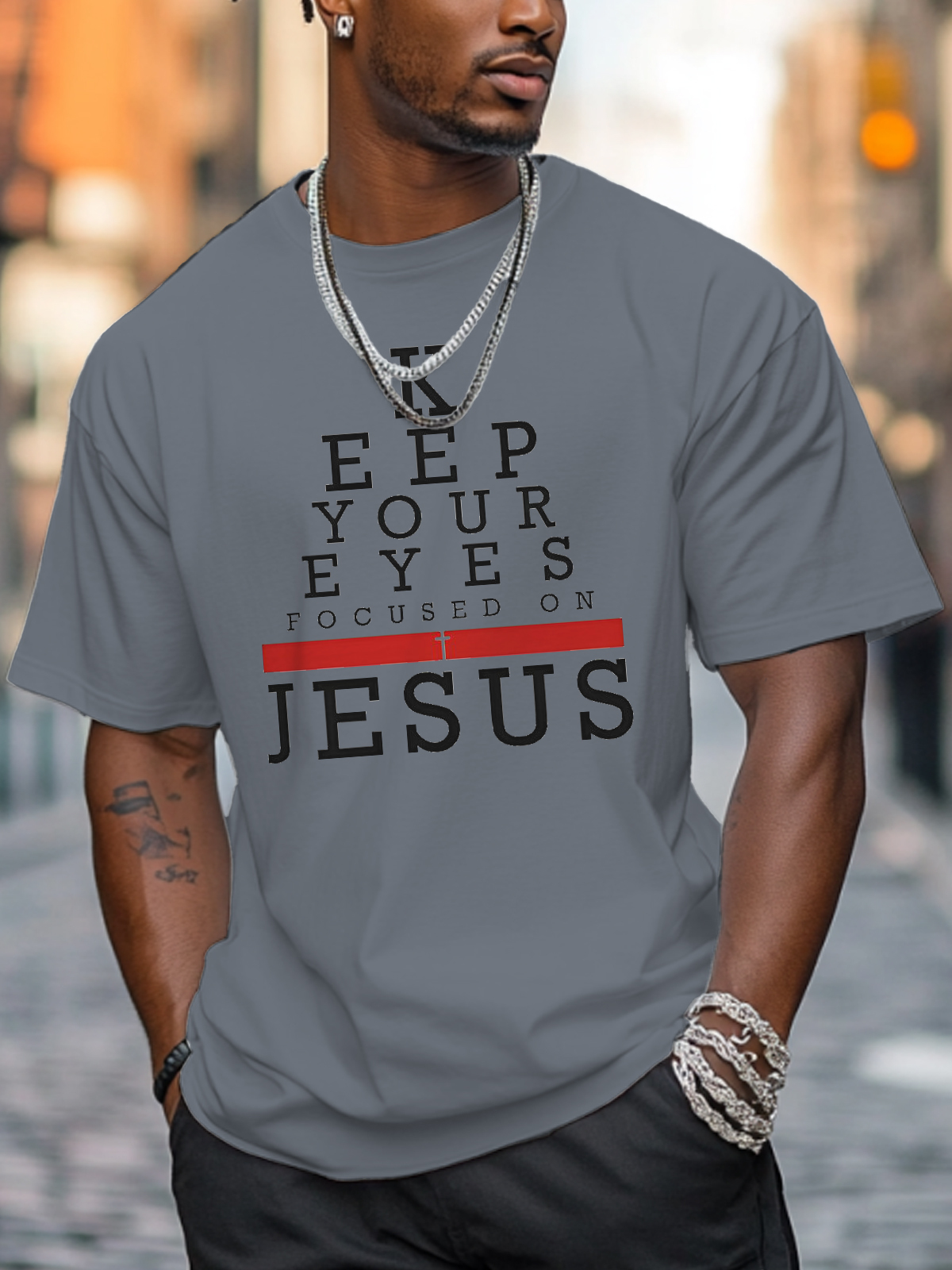 Men's Keep Your Eyes Focused On Jesus Print Cotton Casual T-Shirt-Styleame