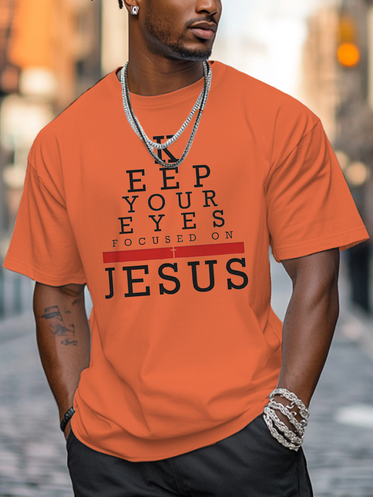 Men's Keep Your Eyes Focused On Jesus Print Cotton Casual T-Shirt-Styleame