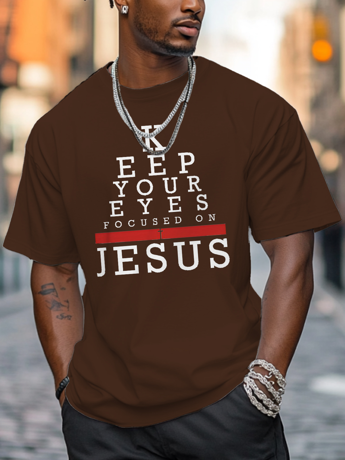 Men's Keep Your Eyes Focused On Jesus Print Cotton Casual T-Shirt-Styleame