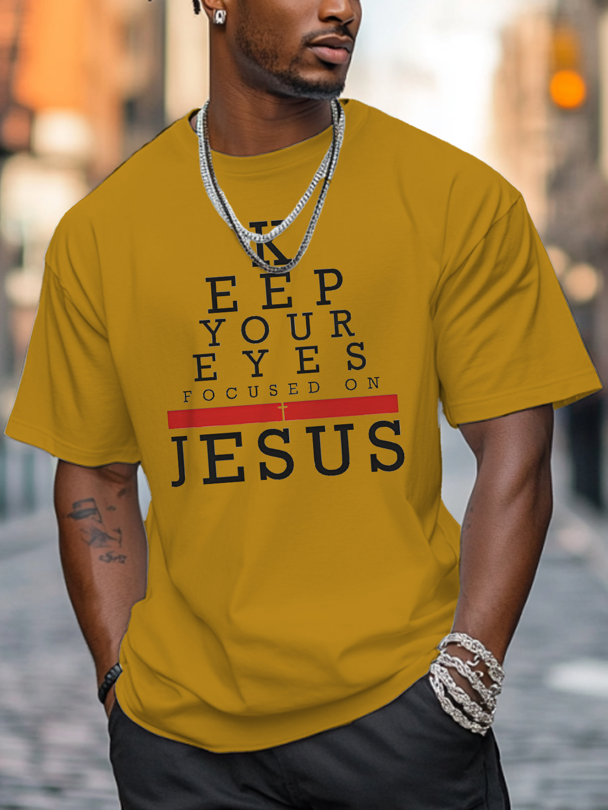 Men's Keep Your Eyes Focused On Jesus Print Cotton Casual T-Shirt-Styleame