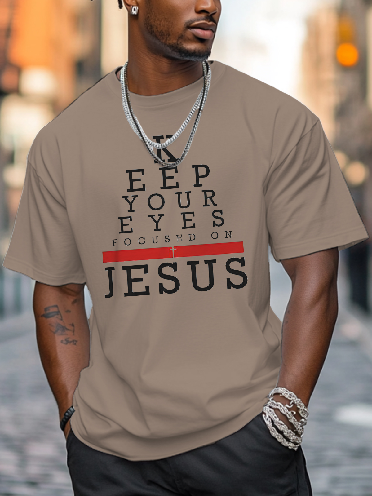 Men's Keep Your Eyes Focused On Jesus Print Cotton Casual T-Shirt-Styleame