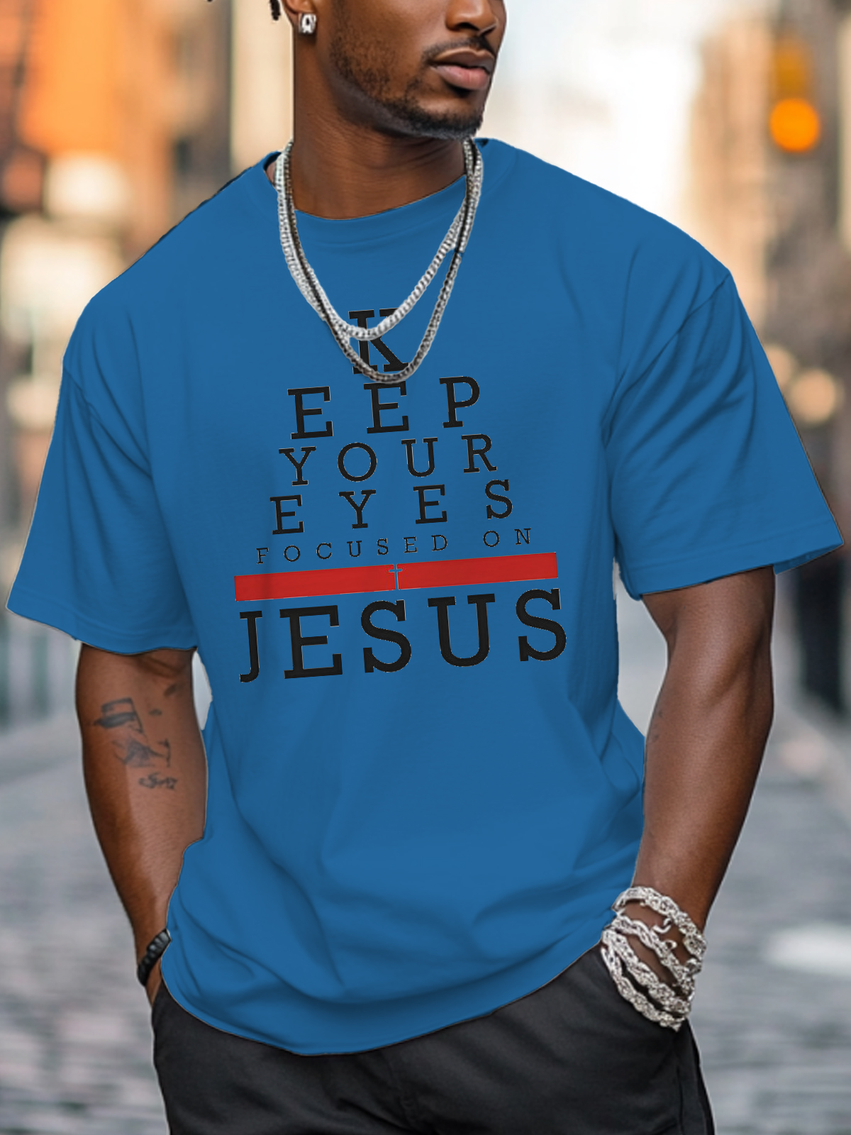Men's Keep Your Eyes Focused On Jesus Print Cotton Casual T-Shirt-Styleame