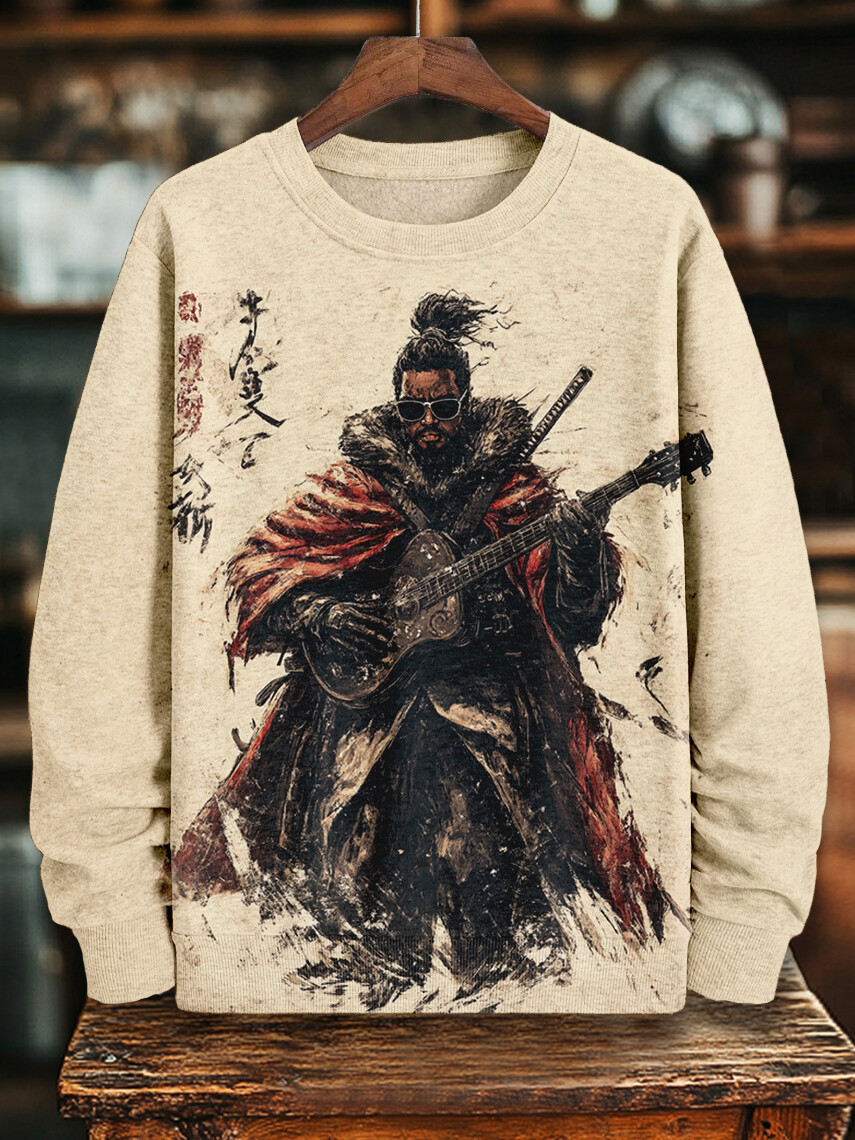 Men's Japanese Calligraphy Art Black Santa Guitarist Print Casual Sweatshirt-Styleame