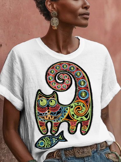 Women's Ethnic Pattern Cat And Fish Embroidery Print Casual T-Shirt-Styleame