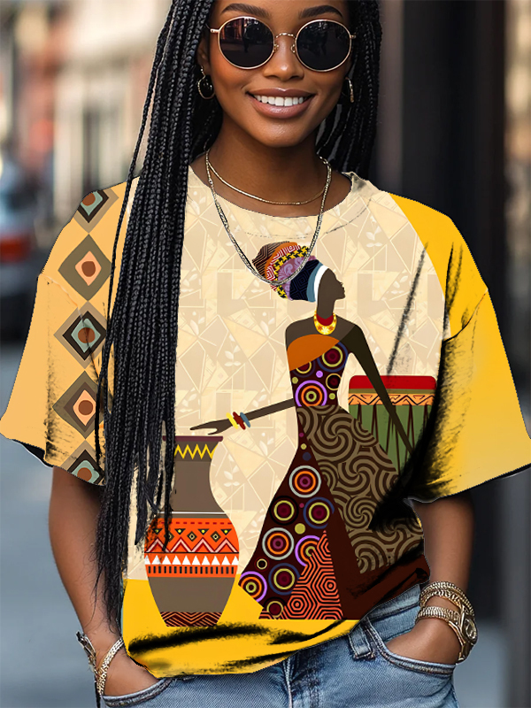 Women's Black Woman With Geometric Ethnic Patterns Dress Print Casual T-Shirt-Styleame
