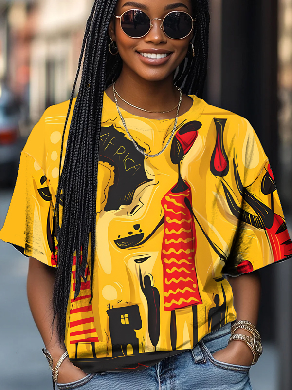 Women's Abstract Africa Woman Map Art Print Casual T-Shirt-Styleame