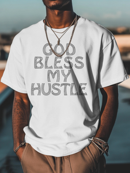 Men's God Bless My Hustle Print Cotton Casual T-Shirt-Styleame