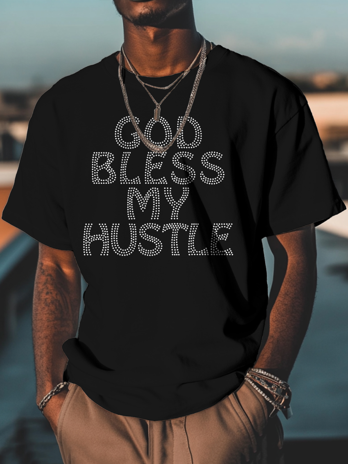 Men's God Bless My Hustle Print Cotton Casual T-Shirt-Styleame