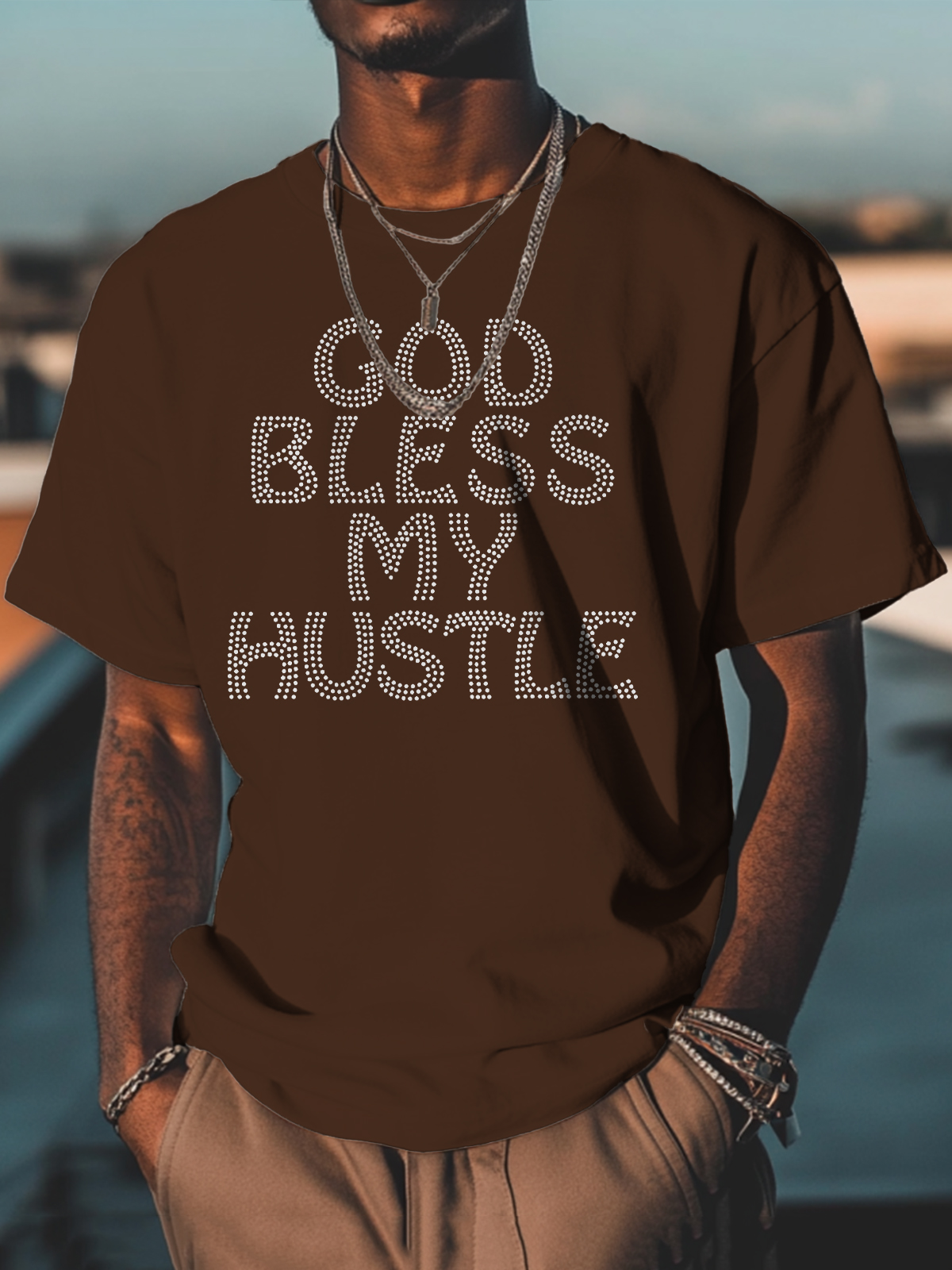 Men's God Bless My Hustle Print Cotton Casual T-Shirt-Styleame