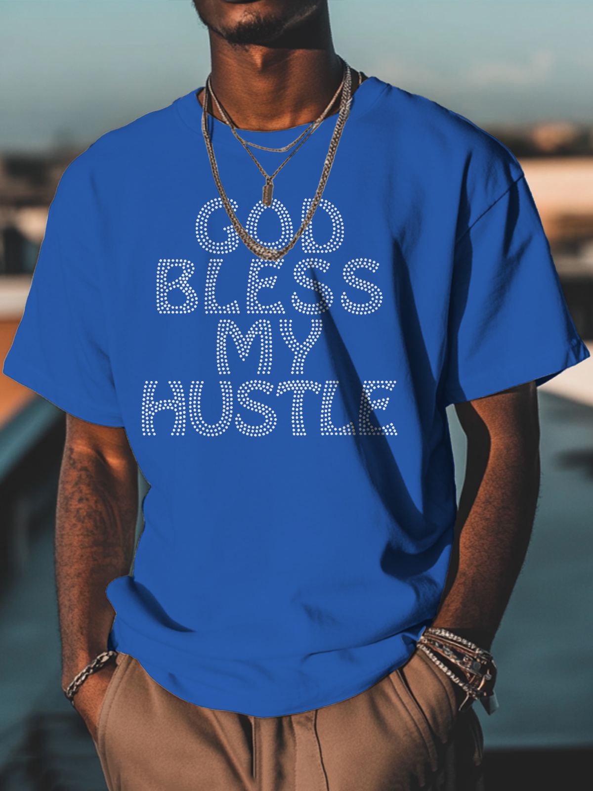 Men's God Bless My Hustle Print Cotton Casual T-Shirt-Styleame