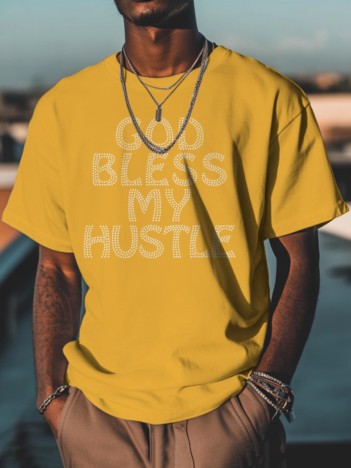 Men's God Bless My Hustle Print Cotton Casual T-Shirt-Styleame