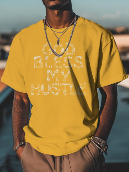 Men's God Bless My Hustle Print Cotton Casual T-Shirt-Styleame