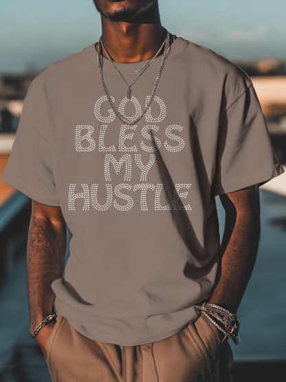Men's God Bless My Hustle Print Cotton Casual T-Shirt-Styleame
