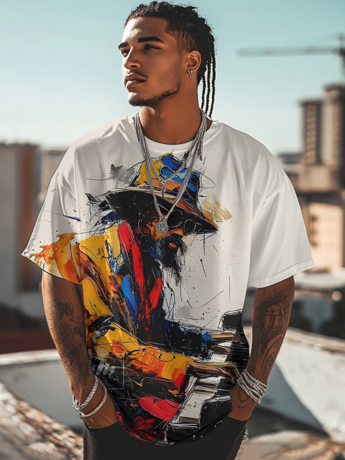 Men's Oil Painting Piano Player Abstract Graffiti Print Casual T-Shirt-Styleame