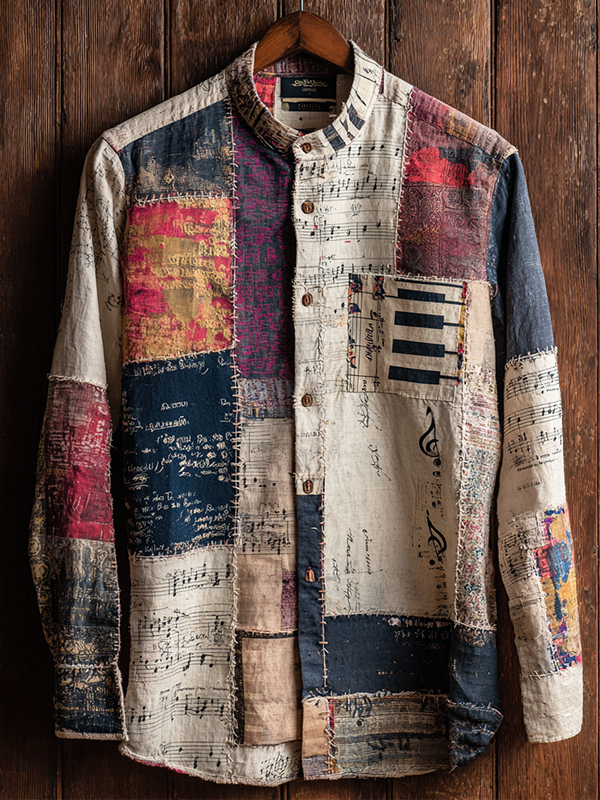 Men's Retro Music Element Geometric Patchwork Art Print Long Sleeve Shirt-Styleame