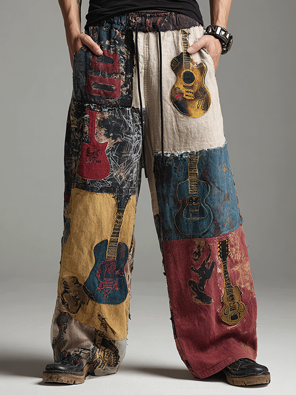 Men's Guitar Geometric Patchwork Art Print Loose Drawstring Waist Pants-Styleame