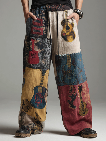 Men's Guitar Geometric Patchwork Art Print Loose Drawstring Waist Pants-Styleame