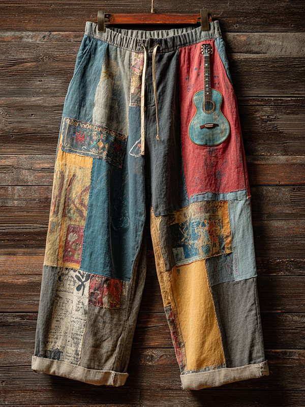 Men's Geometric Patchwork Guitar Pattern Art Print Loose Drawstring Waist Pants-Styleame