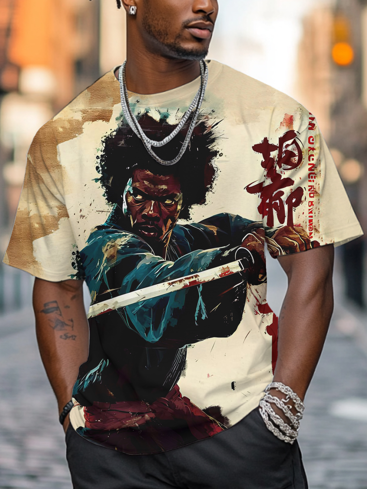 Men's Retro Calligraphy Black Warrior Training Art Print Casual T-Shirt-Styleame