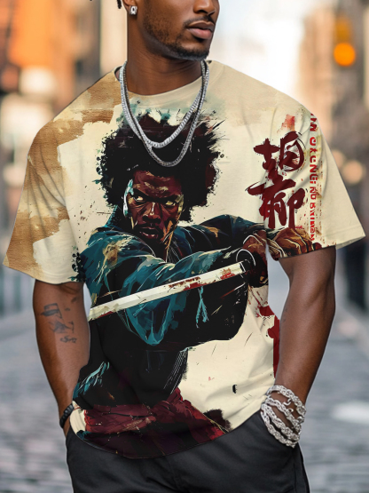 Men's Retro Calligraphy Black Warrior Training Art Print Casual T-Shirt-Styleame