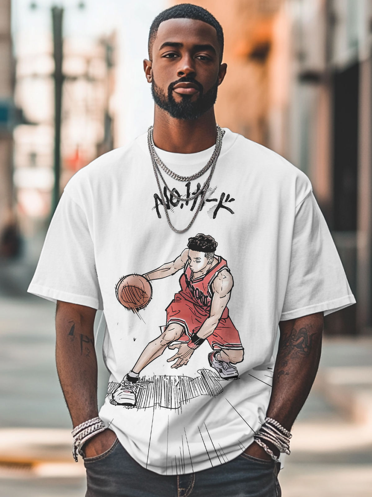 Men's Basketball Player Doodle Art Print Casual T-Shirt-Styleame
