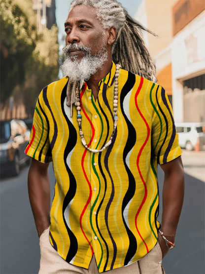 Men's Wavy Pattern Print Short Sleeve Shirt-Styleame