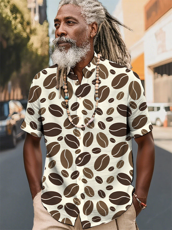 Men's Coffee Bean Graphic Print Short Sleeve Shirt-Styleame