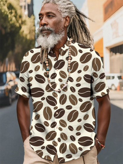 Men's Coffee Bean Graphic Print Short Sleeve Shirt-Styleame