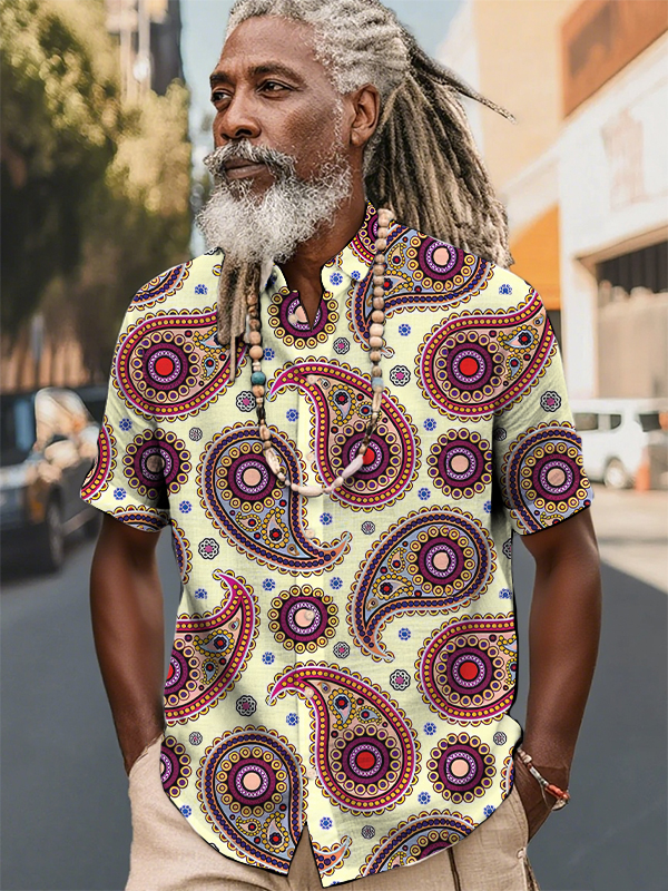 Men's Retro Ethnic Style Paisley Pattern Print Short Sleeve Shirt-Styleame