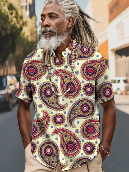 Men's Retro Ethnic Style Paisley Pattern Print Short Sleeve Shirt-Styleame