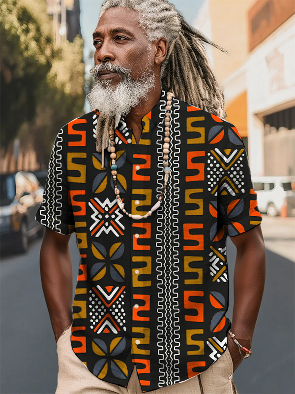 Men's Retro Tribe Geometric Pattern Short Sleeve Shirt-Styleame