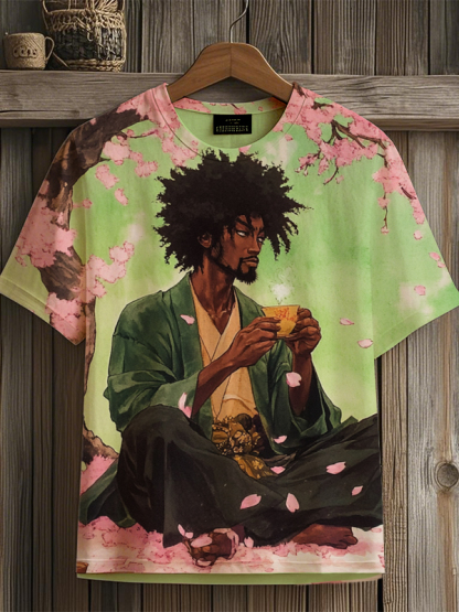 Men's Japanese Samurai With Afro Curly Hair Art Print Casual T-Shirt-Styleame