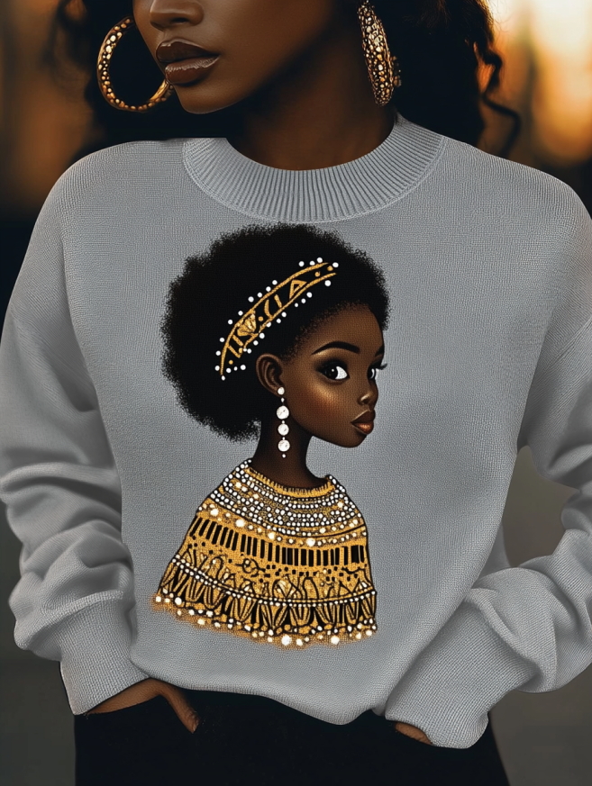 Women's African Girl Art Print Knit Sweatshirt-Styleame