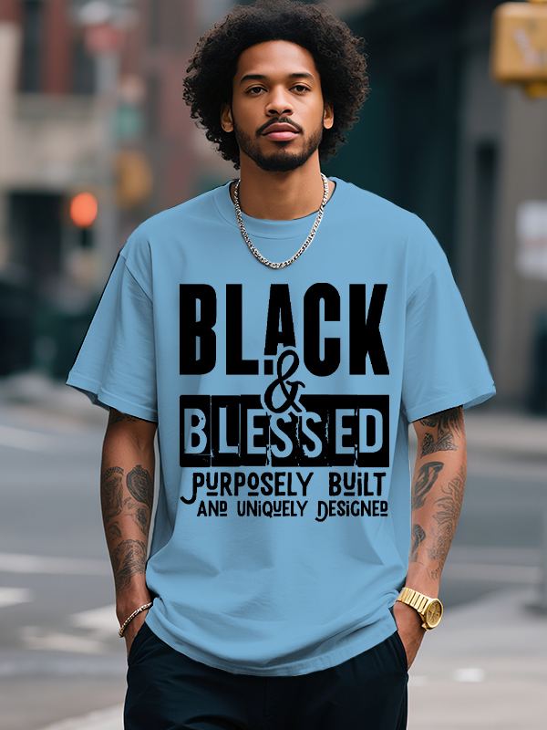 Men's Black And Blessed Print Cotton Casual T-Shirt-Styleame