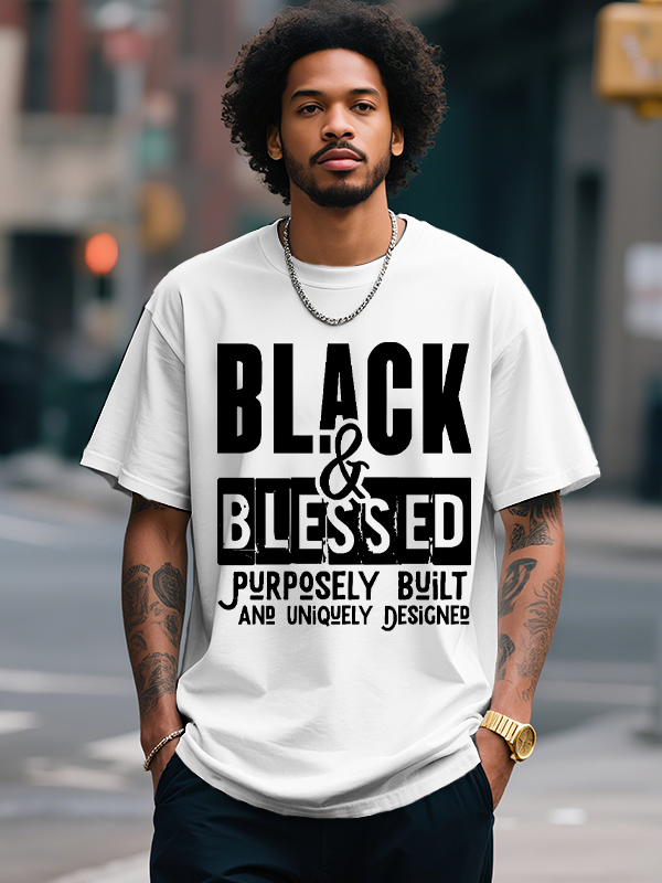 Men's Black And Blessed Print Cotton Casual T-Shirt-Styleame