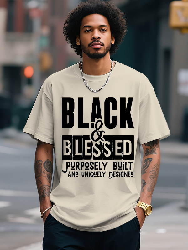 Men's Black And Blessed Print Cotton Casual T-Shirt-Styleame