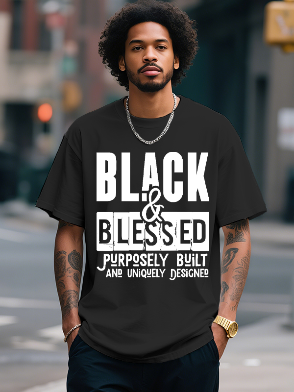Men's Black And Blessed Print Cotton Casual T-Shirt-Styleame