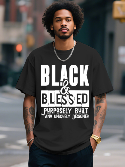 Men's Black And Blessed Print Cotton Casual T-Shirt-Styleame