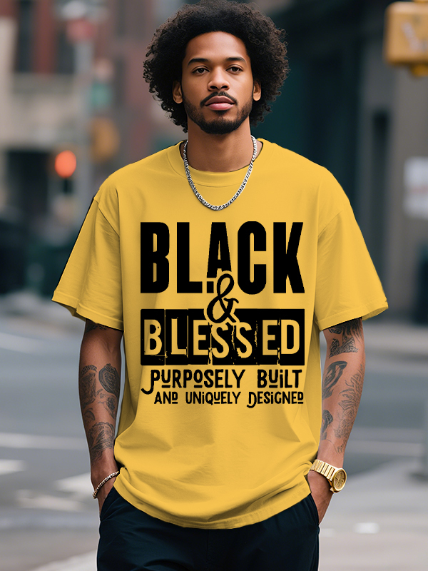 Men's Black And Blessed Print Cotton Casual T-Shirt-Styleame