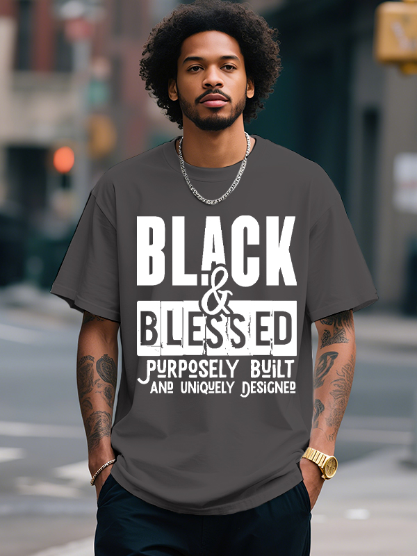 Men's Black And Blessed Print Cotton Casual T-Shirt-Styleame