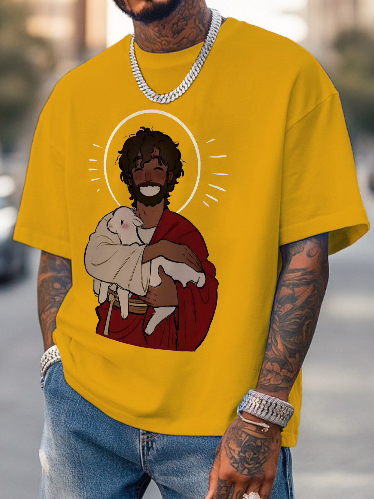 Men's Jesus Holding The Lamb Print Cotton Casual T-Shirt-Styleame