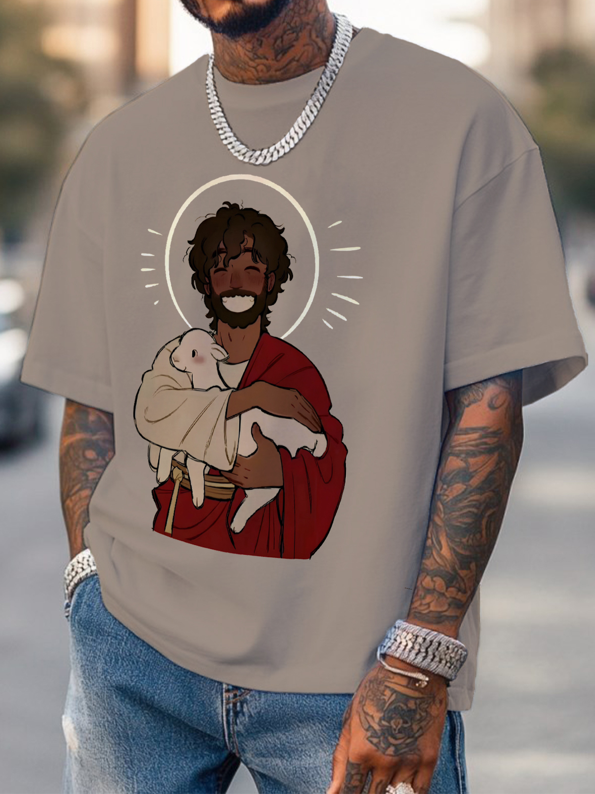 Men's Jesus Holding The Lamb Print Cotton Casual T-Shirt-Styleame