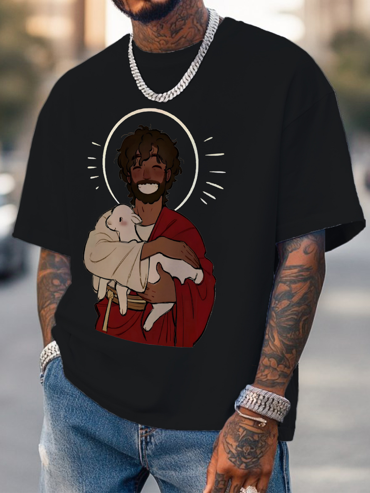 Men's Jesus Holding The Lamb Print Cotton Casual T-Shirt-Styleame