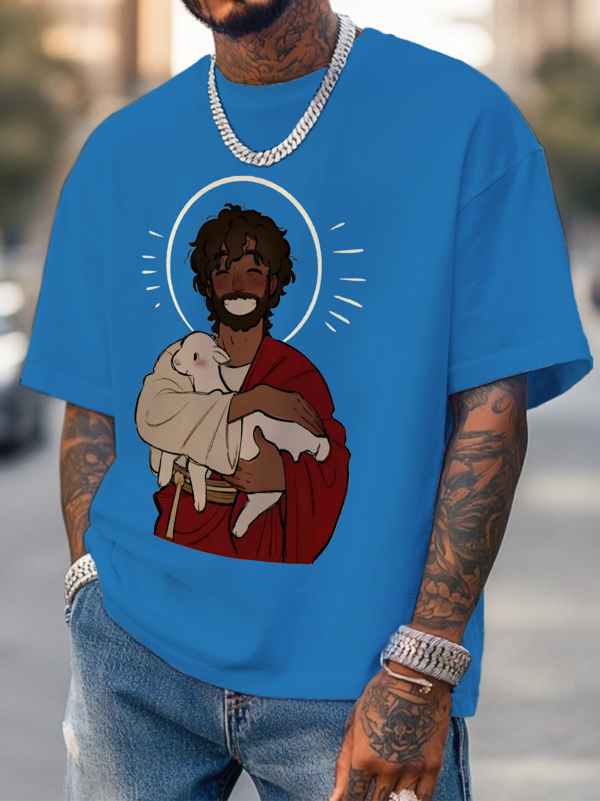 Men's Jesus Holding The Lamb Print Cotton Casual T-Shirt-Styleame